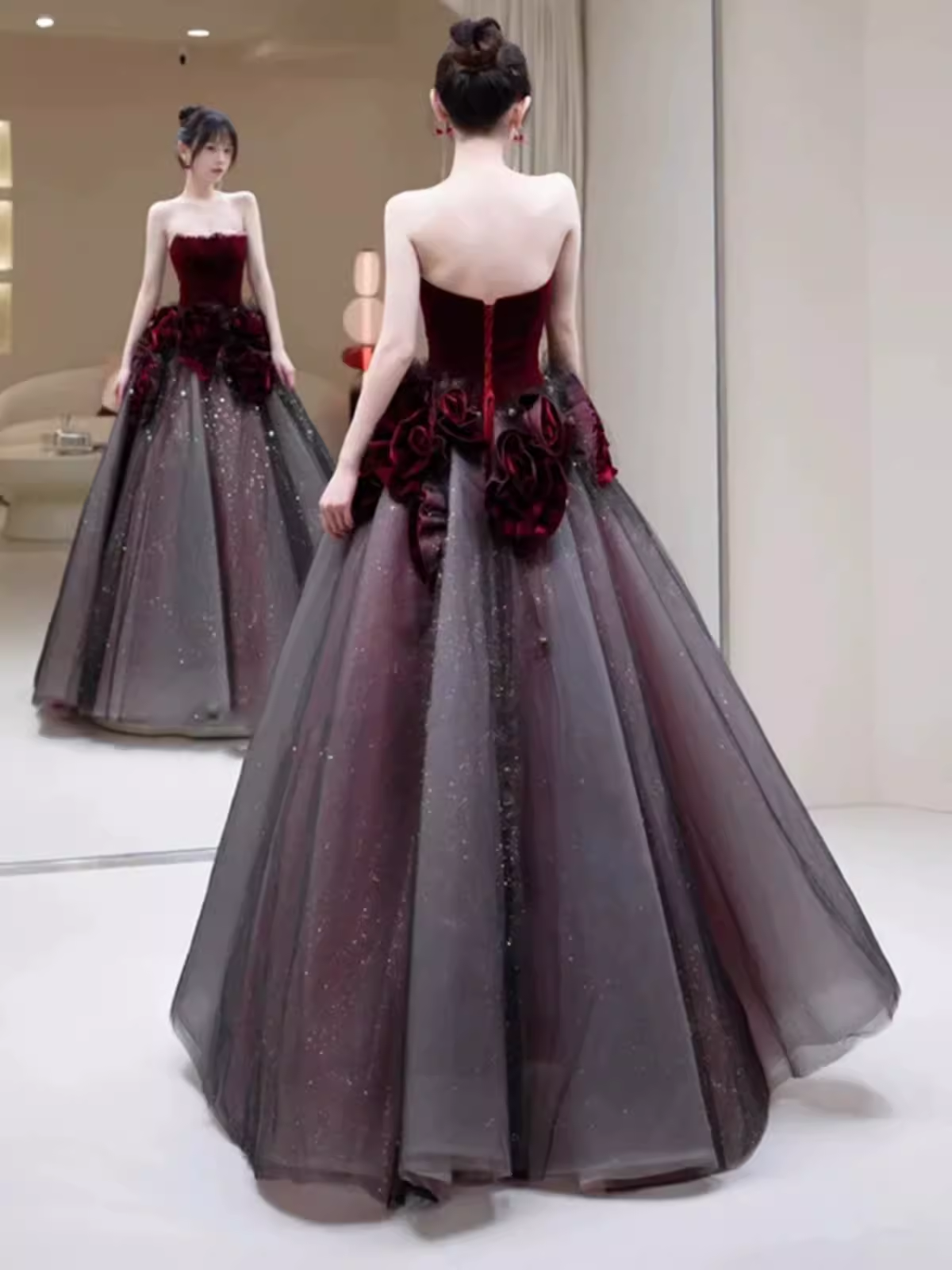 Sexy Ball Gown Strapless Velvet Burgundy Tulle Flowers Long Prom Dresses
