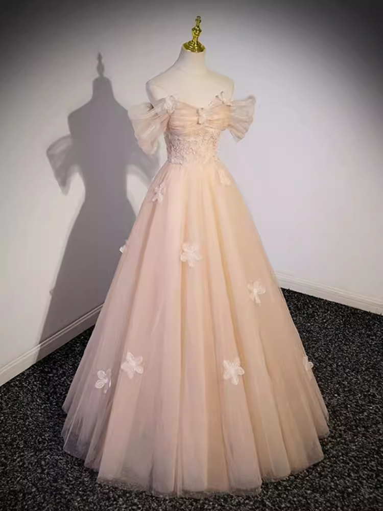 Pretty Ball Gown Off The Shoulder Tulle Lace Long Prom Dresses
