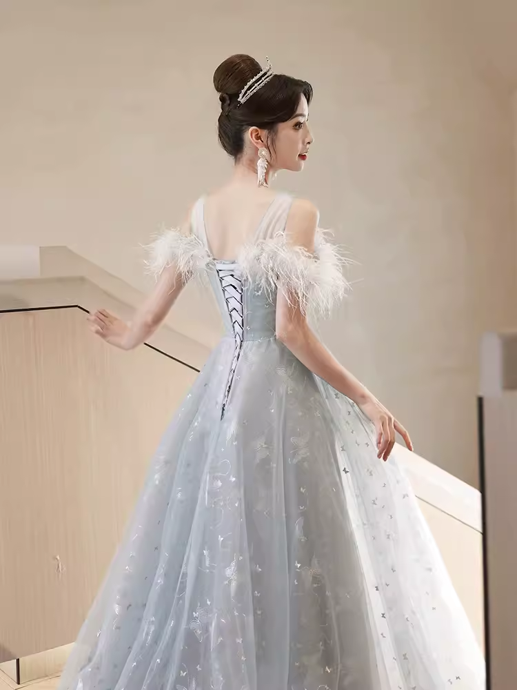 Pretty A Line Off The Shoulder Tulle Gray Long Prom Dresses