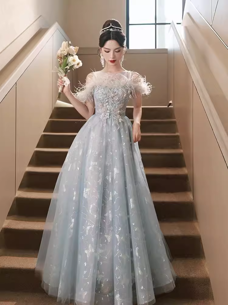 Pretty A Line Off The Shoulder Tulle Gray Long Prom Dresses
