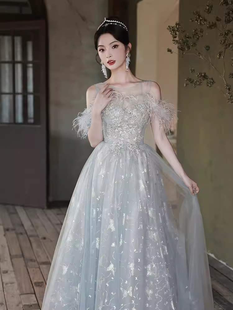 Pretty A Line Off The Shoulder Tulle Gray Long Prom Dresses