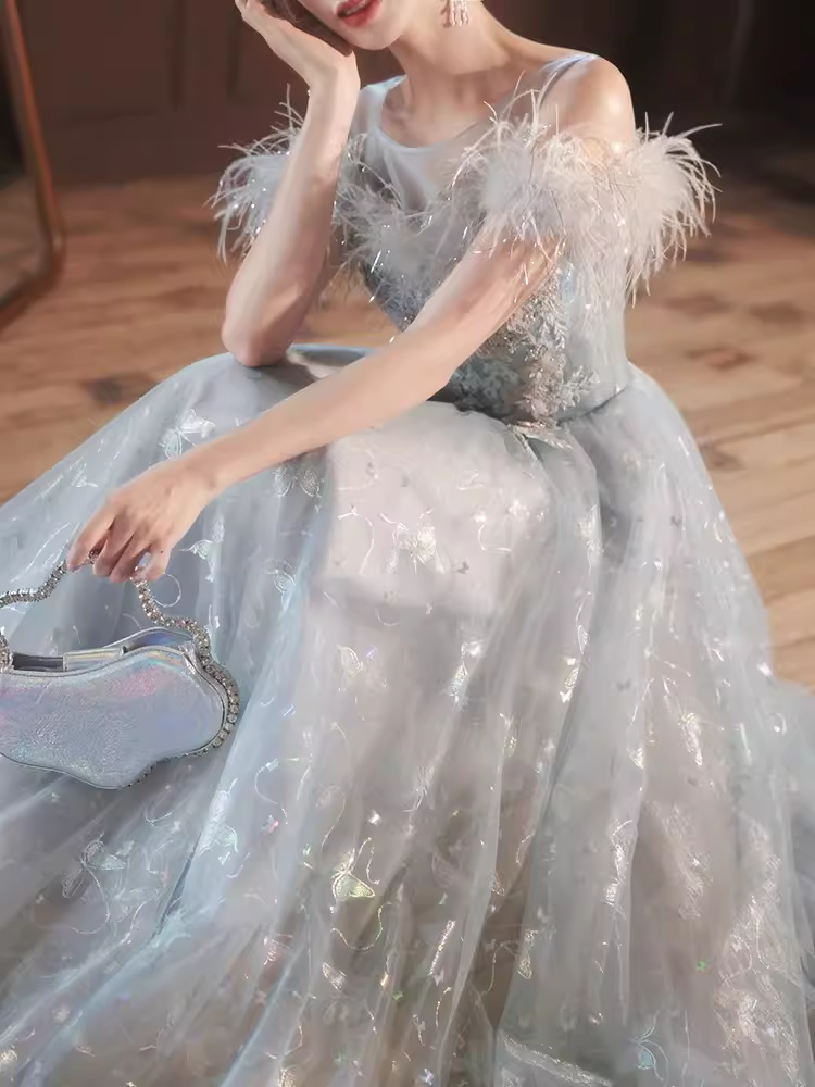 Pretty A Line Off The Shoulder Tulle Gray Long Prom Dresses