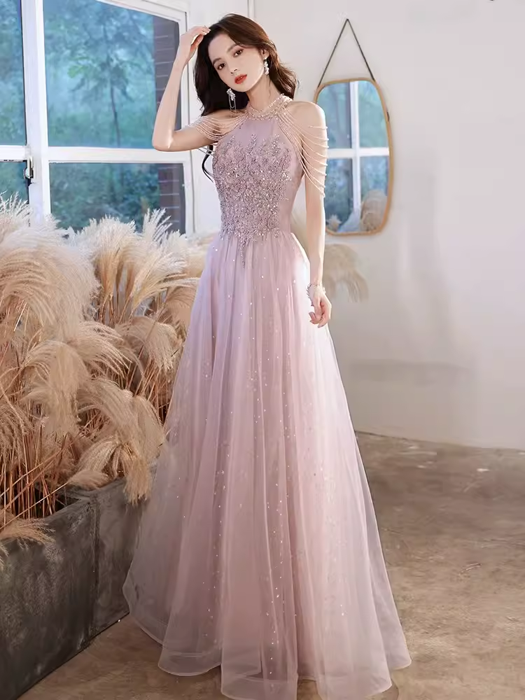 Pretty A Line High Neckline Tulle Pink Long Prom Dresses