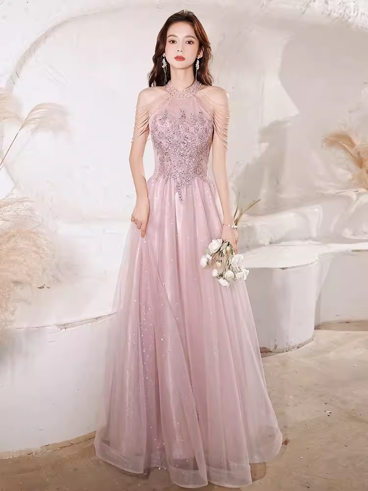Pretty A Line High Neckline Tulle Pink Long Prom Dresses