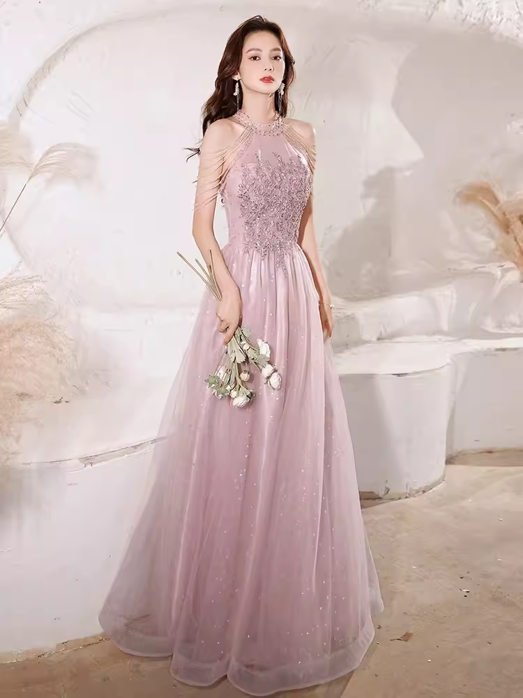 Pretty A Line High Neckline Tulle Pink Long Prom Dresses
