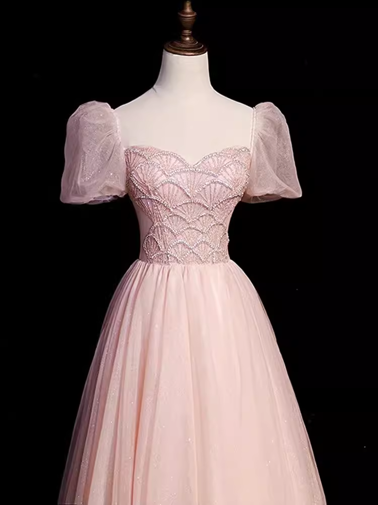 Pretty A Line Sweetheart Tulle Pink Beads Long Prom Dresses