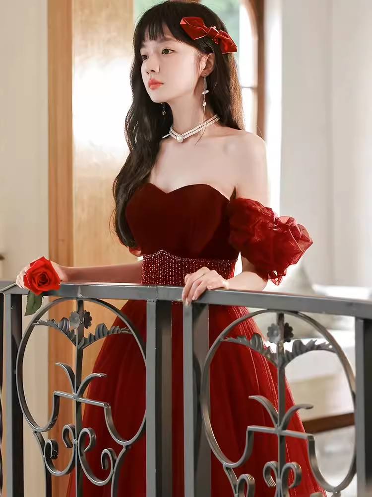 Pretty A Line Off The Shoulder Burgundy Tulle Beads Long Prom Dresses