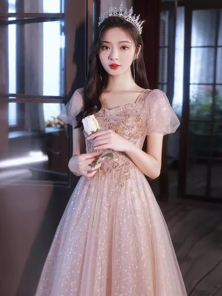 Pretty A Line Short Puffy Sleeves Pink Tulle Beads Long Prom Dresses