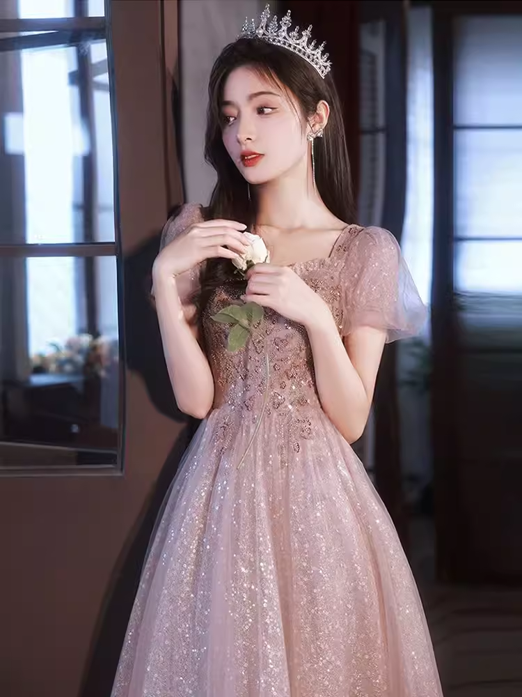 Pretty A Line Short Puffy Sleeves Pink Tulle Beads Long Prom Dresses