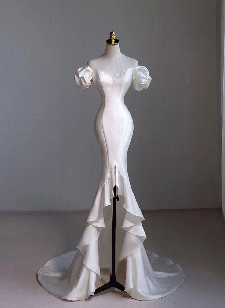 White Mermaid Hi Lo Satin Beading Wedding Dress