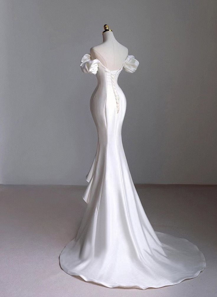 White Mermaid Hi Lo Satin Beading Wedding Dress