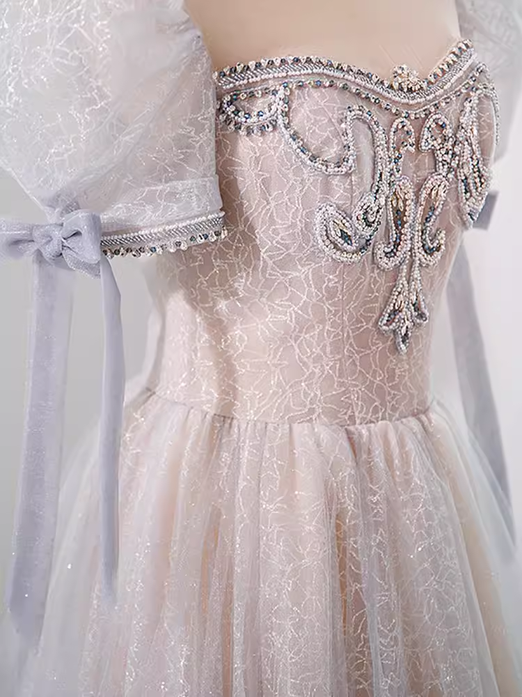 Pretty A Line Scoop Short Puffy Sleeves Pink Tulle Beads Long Prom Dresses