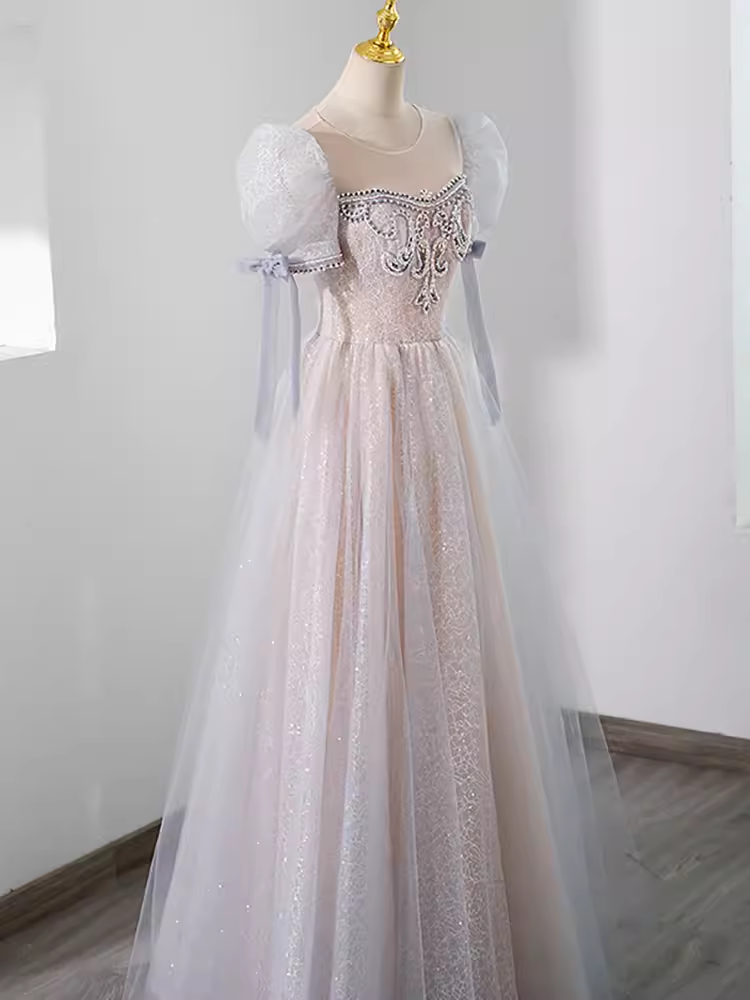 Pretty A Line Scoop Short Puffy Sleeves Pink Tulle Beads Long Prom Dresses