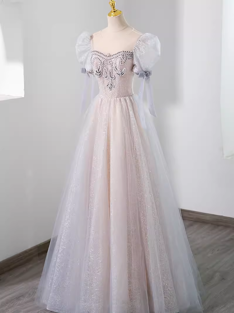 Pretty A Line Scoop Short Puffy Sleeves Pink Tulle Beads Long Prom Dresses