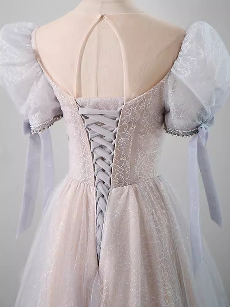 Pretty A Line Scoop Short Puffy Sleeves Pink Tulle Beads Long Prom Dresses