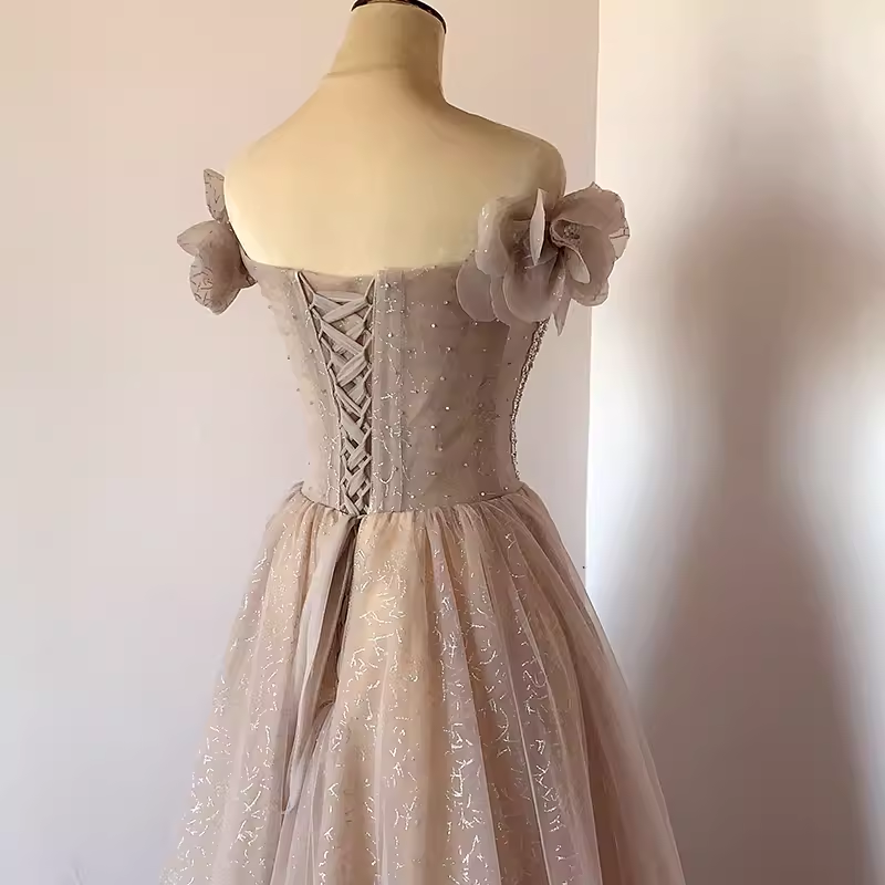 Pretty A Line Off The Shoulder Beads Tulle Sequin Long Prom Dresses