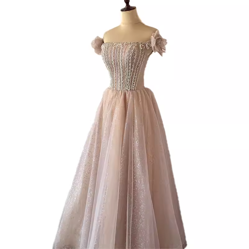 Pretty A Line Off The Shoulder Beads Tulle Sequin Long Prom Dresses