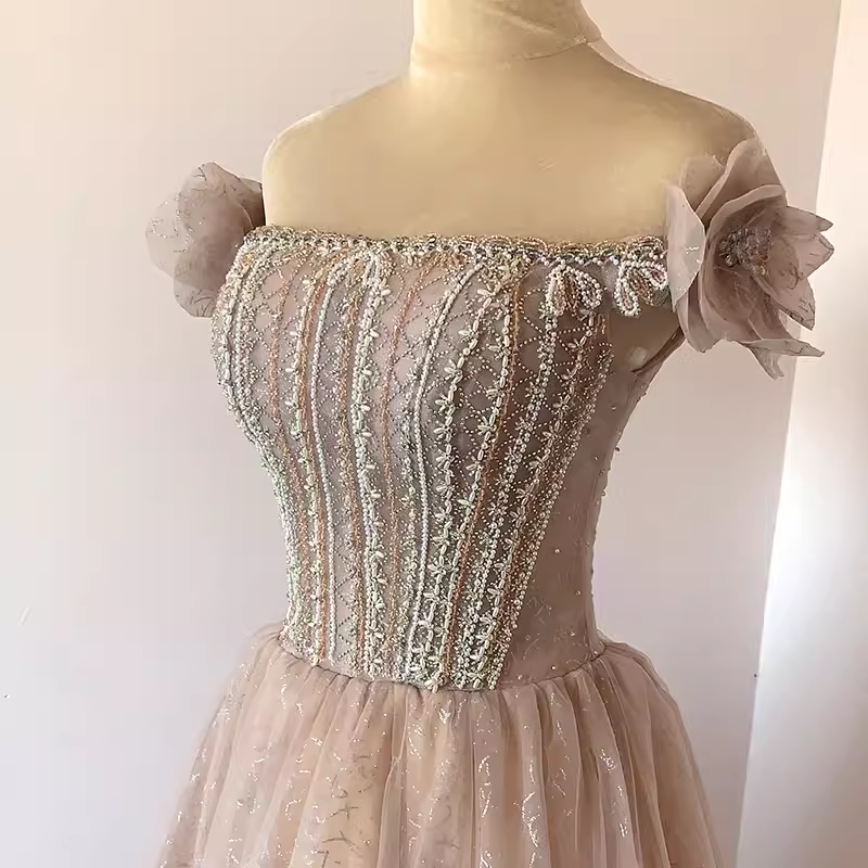 Pretty A Line Off The Shoulder Beads Tulle Sequin Long Prom Dresses