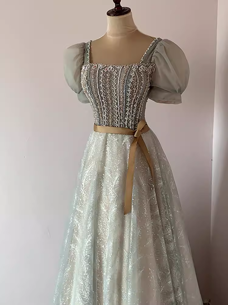 Pretty A Line Square Neckline Tulle Sequin Beads Long Prom Dresses