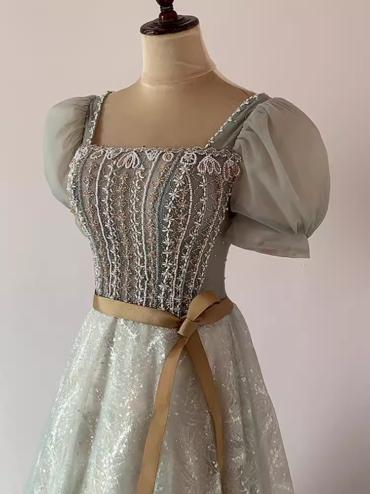 Pretty A Line Square Neckline Tulle Sequin Beads Long Prom Dresses