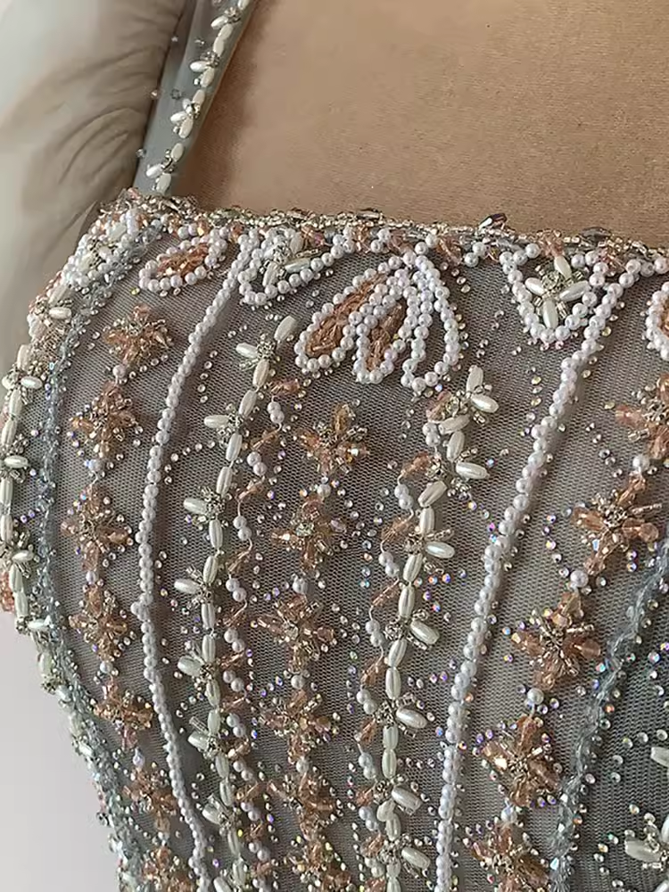 Pretty A Line Square Neckline Tulle Sequin Beads Long Prom Dresses