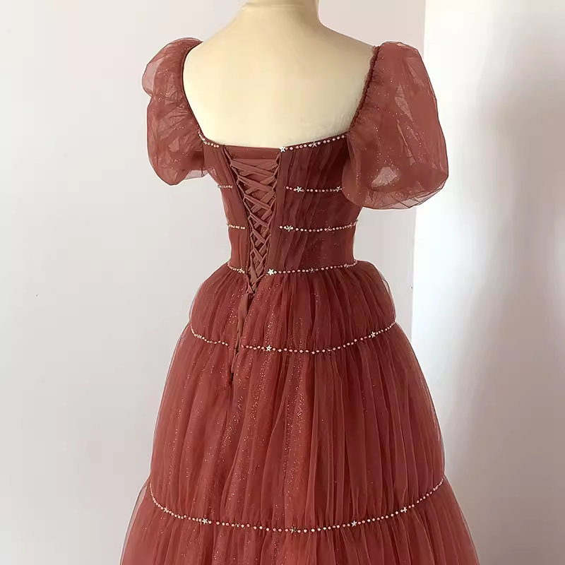 Pretty A Line Square Neckline Tulle Burgundy Beads Long Prom Dresses