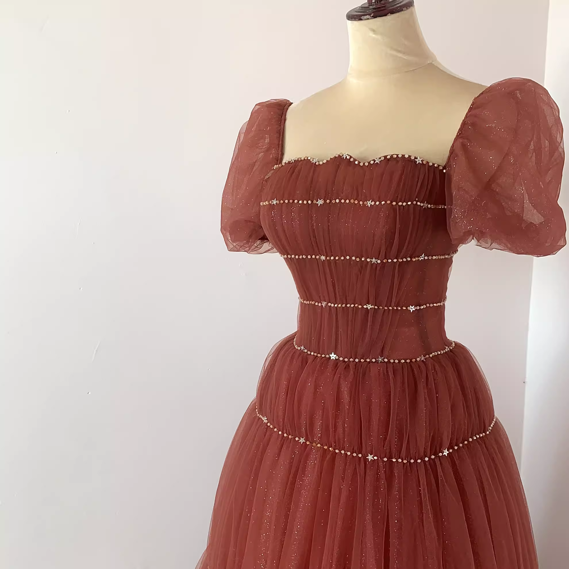 Pretty A Line Square Neckline Tulle Burgundy Beads Long Prom Dresses