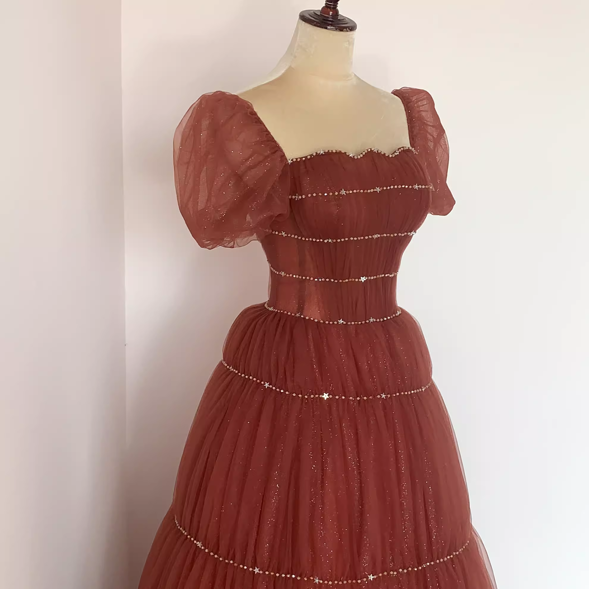 Pretty A Line Square Neckline Tulle Burgundy Beads Long Prom Dresses