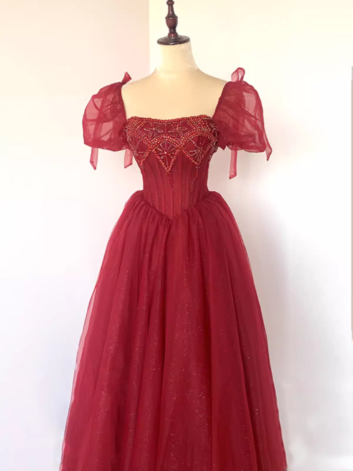 Pretty A Line Square Neckline Tulle Burgundy Beads Long Prom Dresses