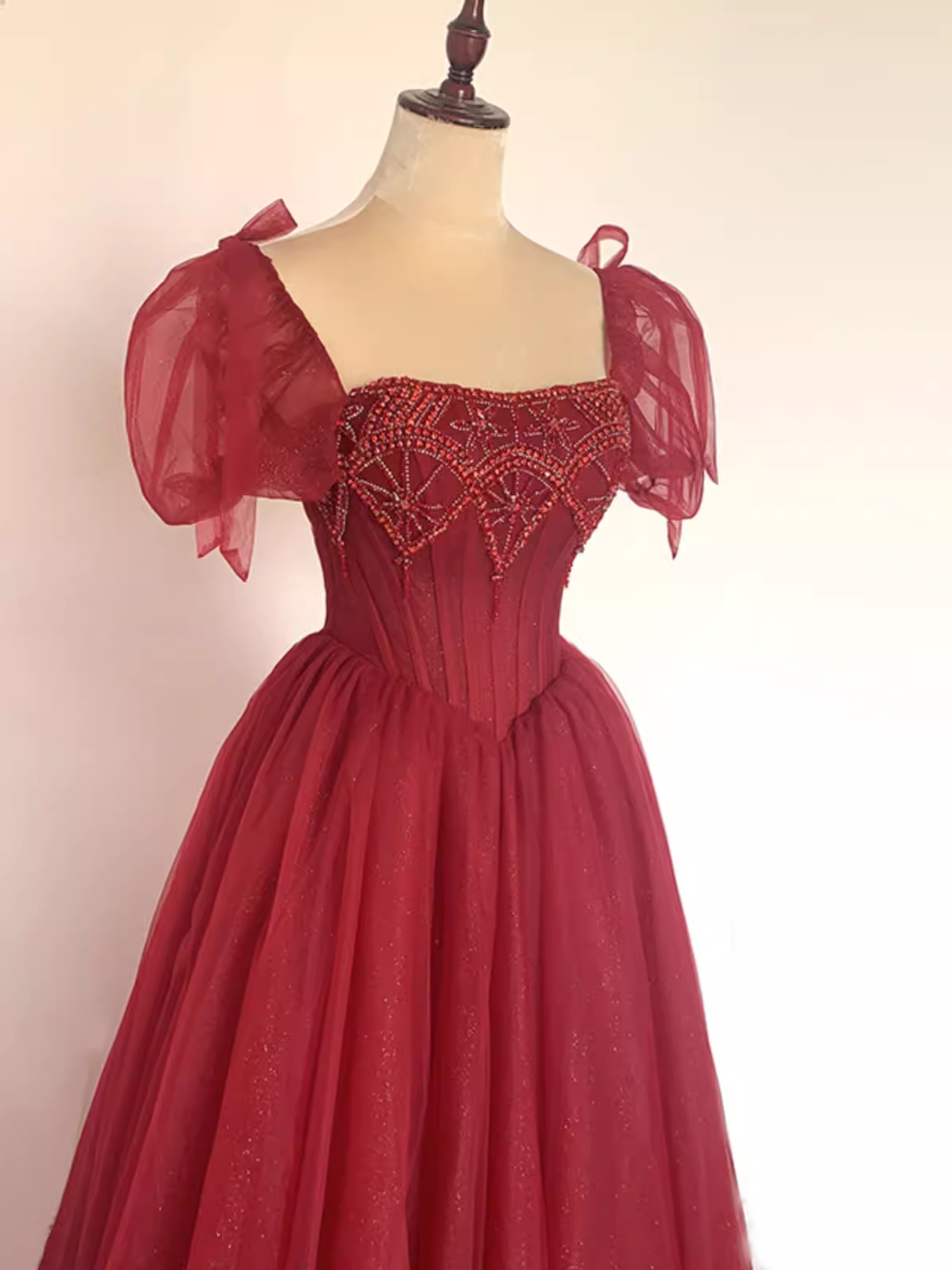 Pretty A Line Square Neckline Tulle Burgundy Beads Long Prom Dresses