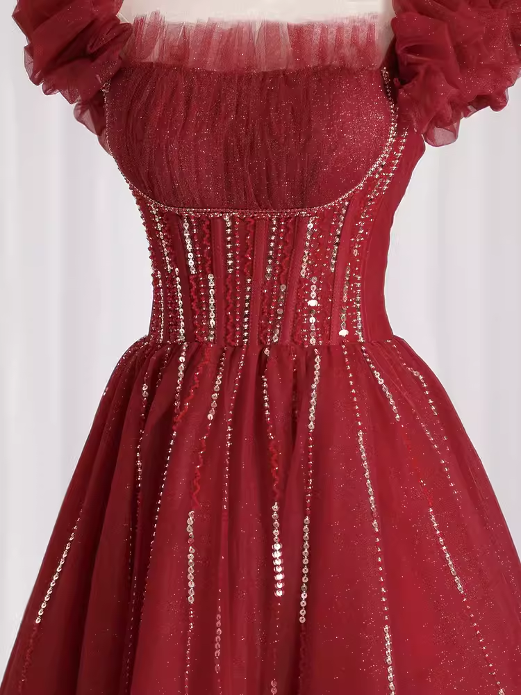 Pretty A Line Square Neckline Tulle Burgundy Beads Long Prom Dresses