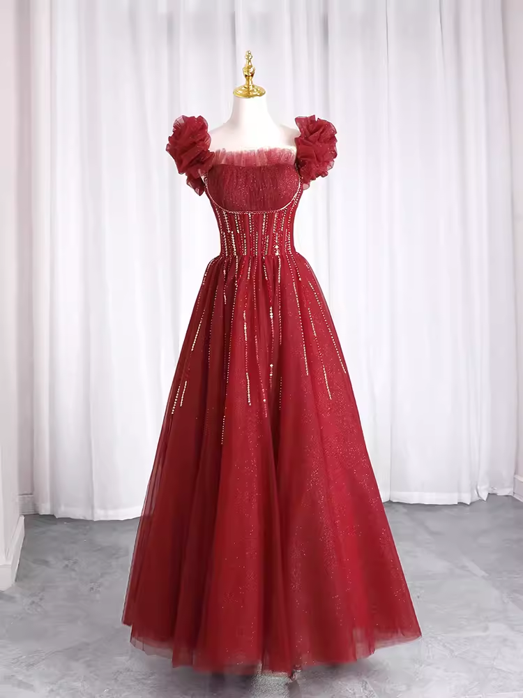Pretty A Line Square Neckline Tulle Burgundy Beads Long Prom Dresses