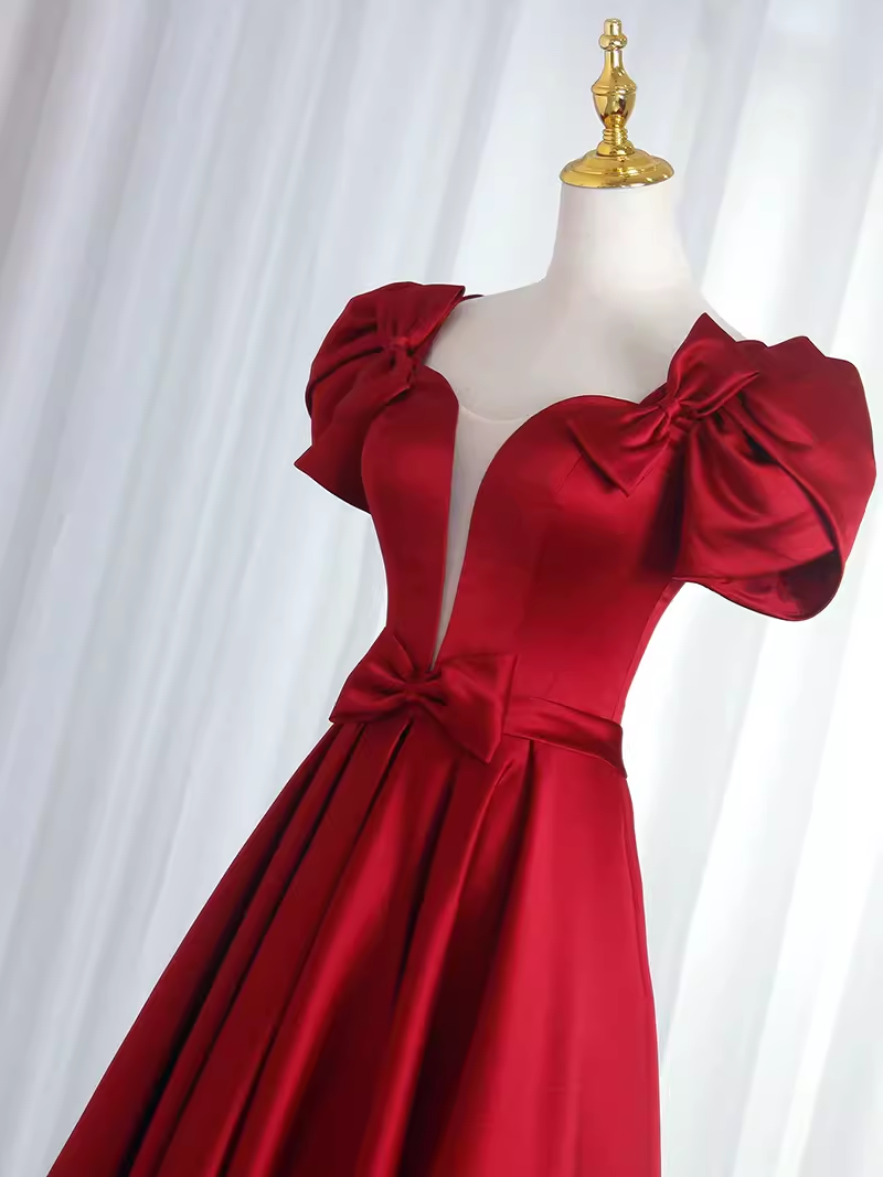 Pretty A Line Short Sleeves Satin Burgundy Long Prom Dresses