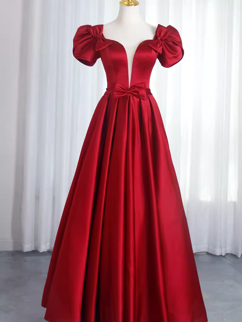 Pretty A Line Short Sleeves Satin Burgundy Long Prom Dresses