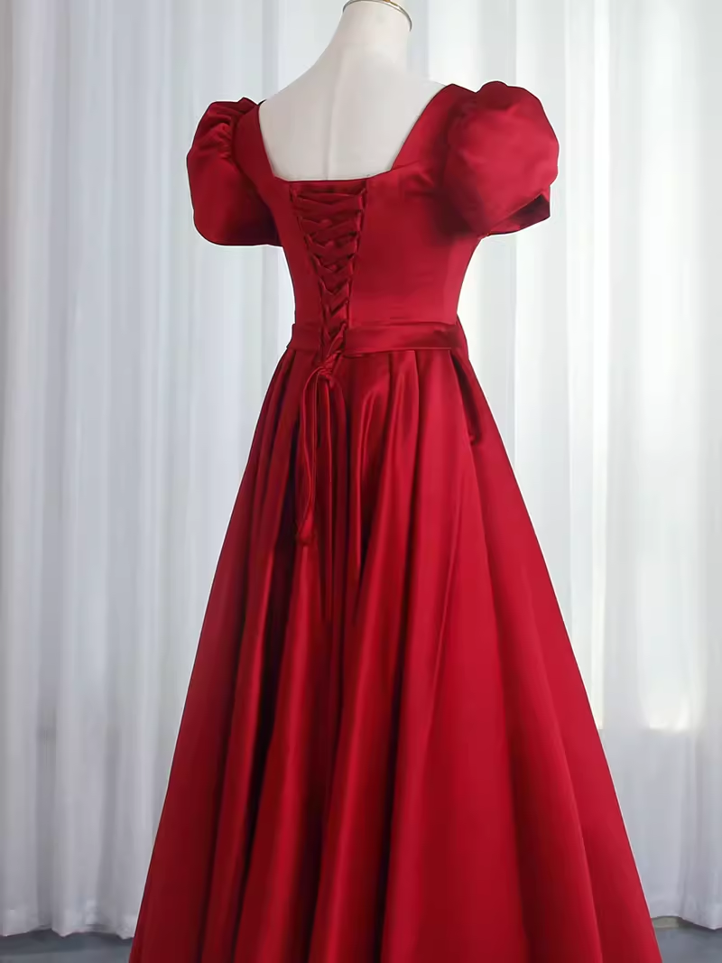 Pretty A Line Short Sleeves Satin Burgundy Long Prom Dresses