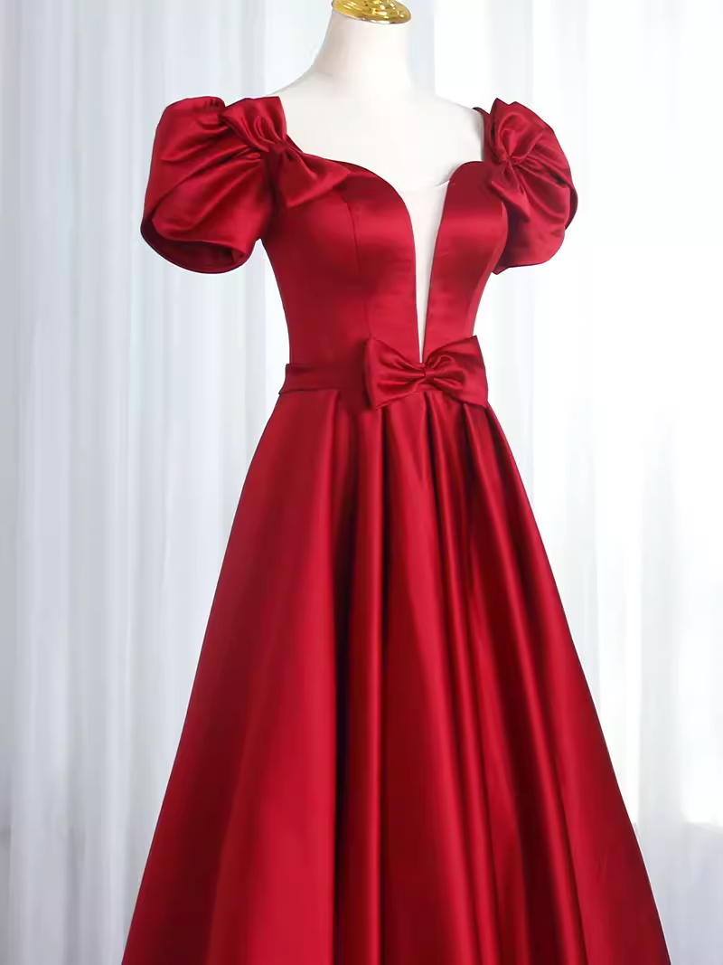 Pretty A Line Short Sleeves Satin Burgundy Long Prom Dresses