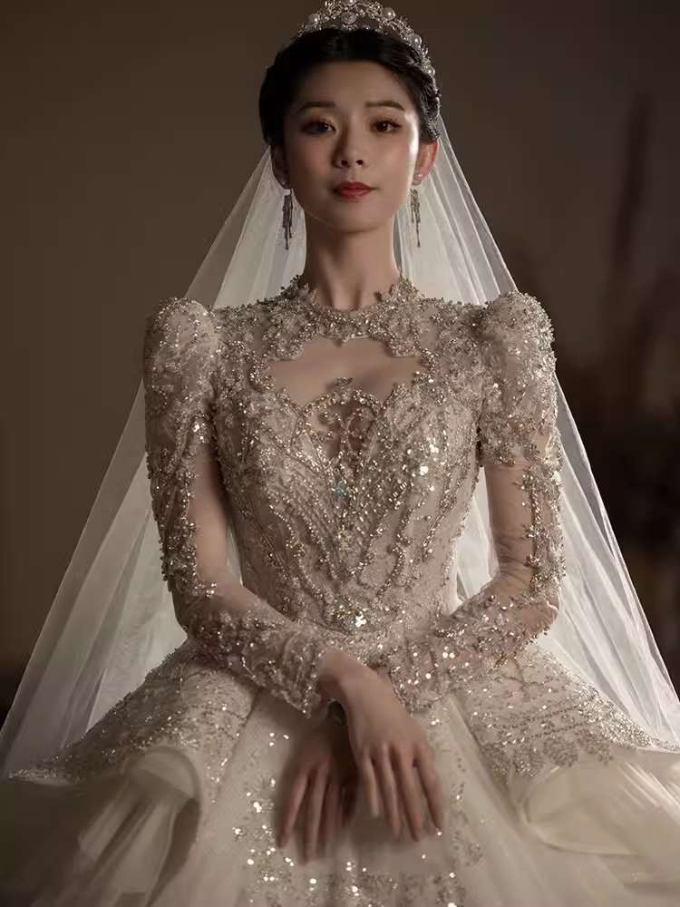 Luxury Ball Gown Scoop Neckline Long Sleeves Sequin Wedding Dress
