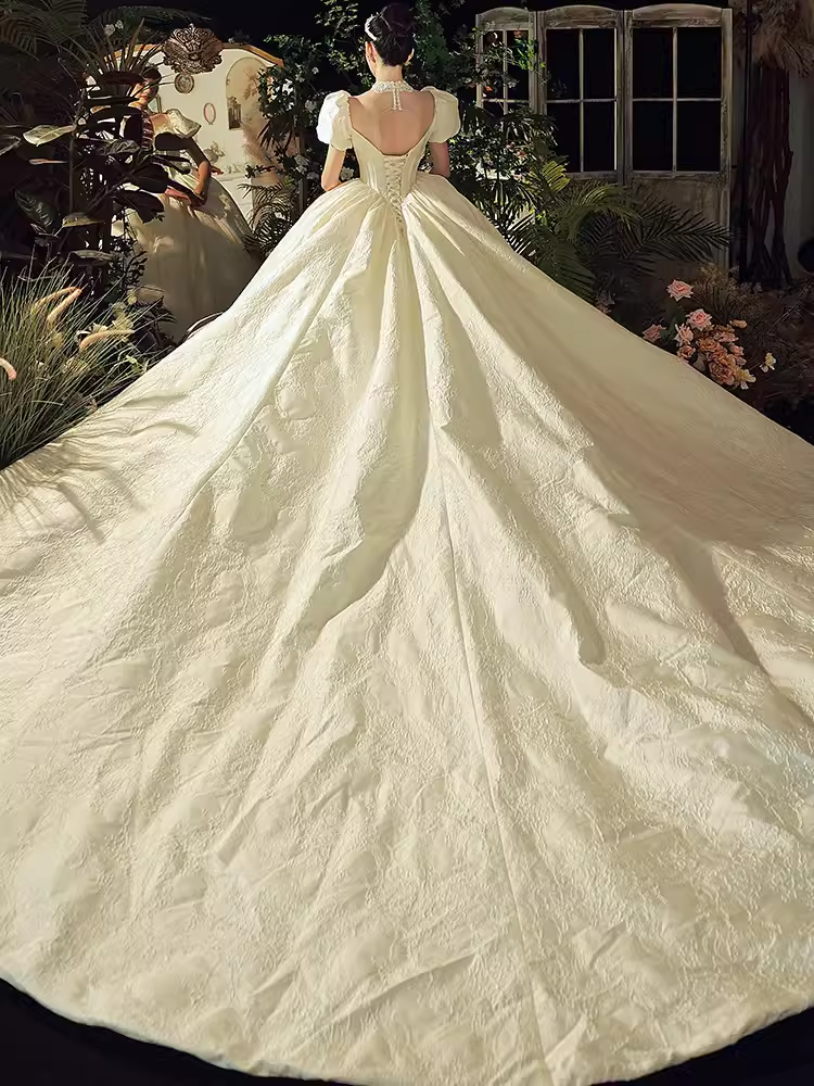Chic Ball Gown Short Sleeves Lace Wedding Dress