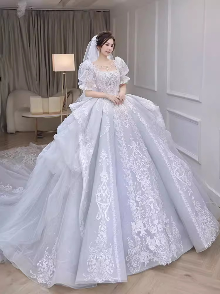 Vintage Ball Gown Square Neckline Short Sleeves Lace Wedding Dress