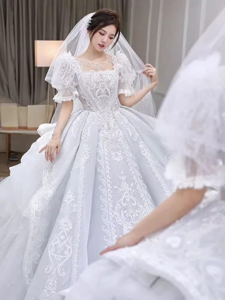 Vintage Ball Gown Square Neckline Short Sleeves Lace Wedding Dress