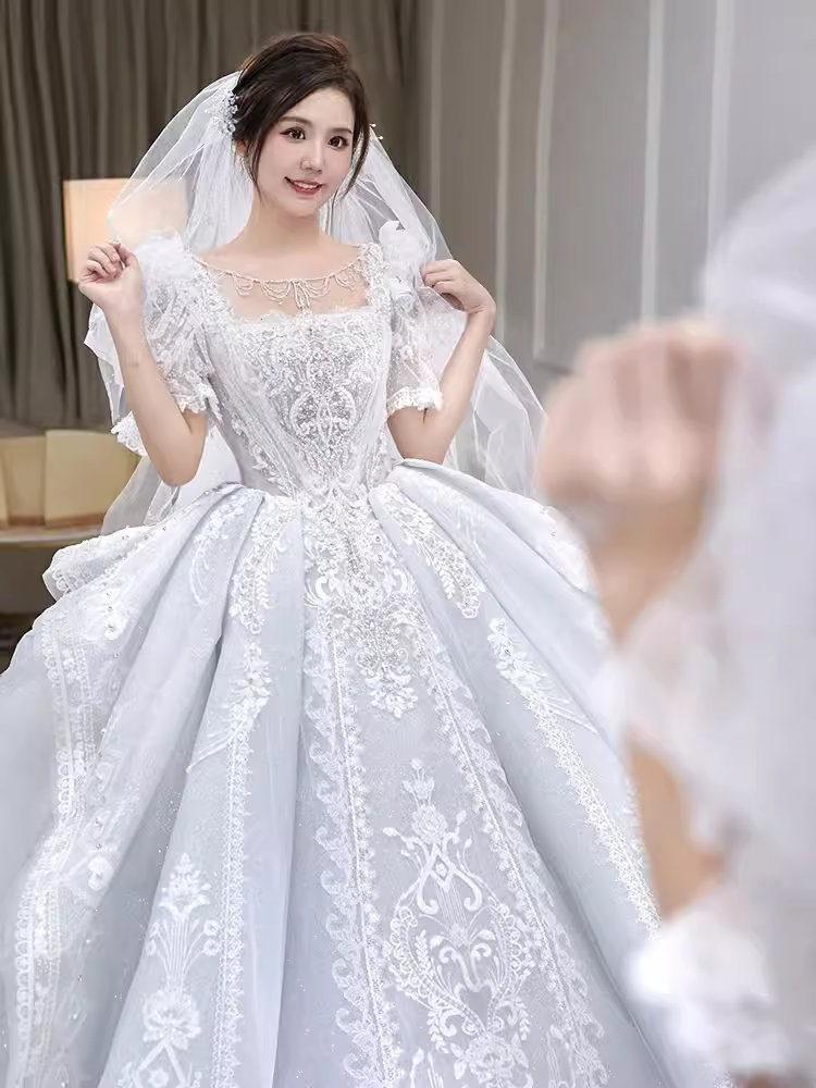 Vintage Ball Gown Square Neckline Short Sleeves Lace Wedding Dress
