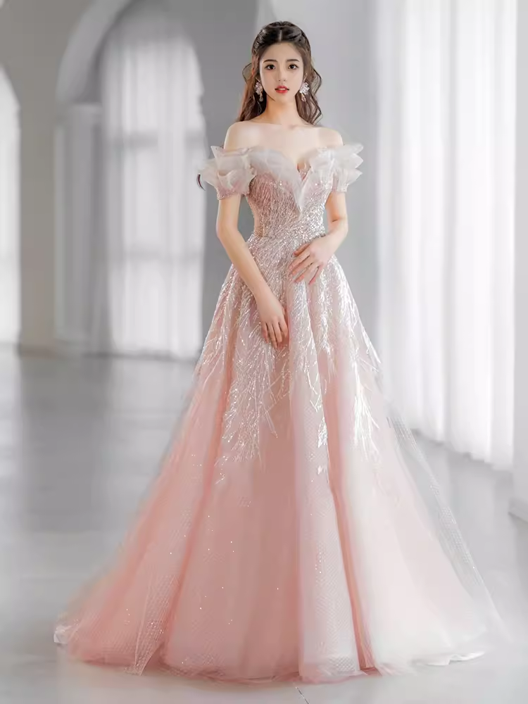 Fairytale A line Off The Shoulder Pink Sequin Long Evening Dress Prom Dresses
