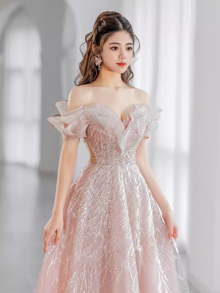 Fairytale A line Off The Shoulder Pink Sequin Long Evening Dress Prom Dresses