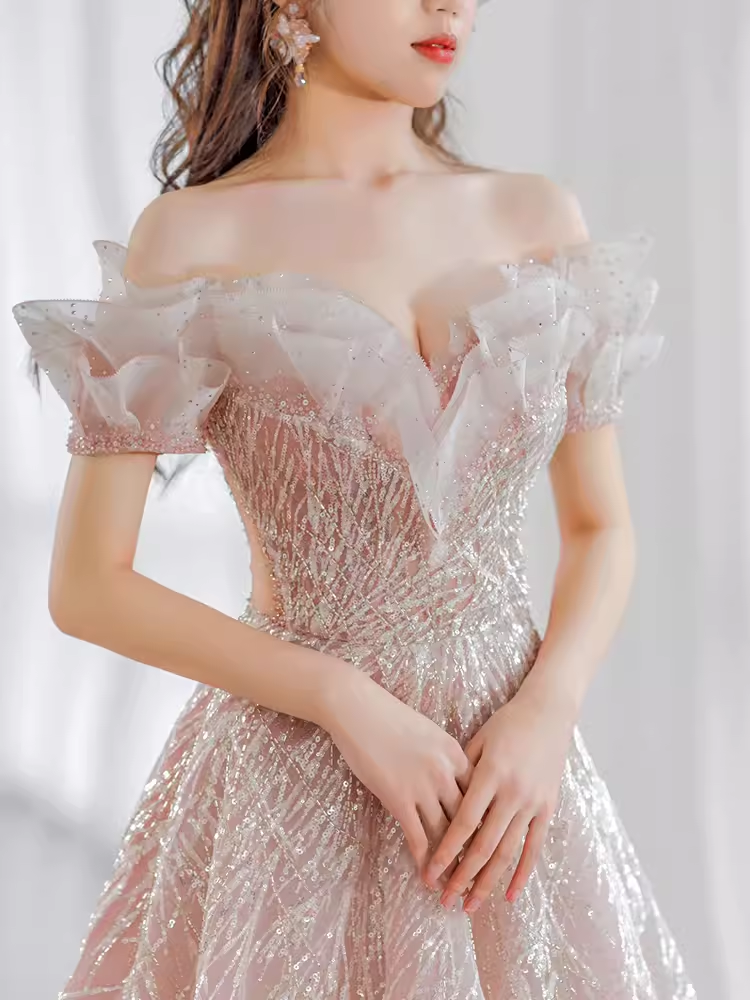 Fairytale A line Off The Shoulder Pink Sequin Long Evening Dress Prom Dresses
