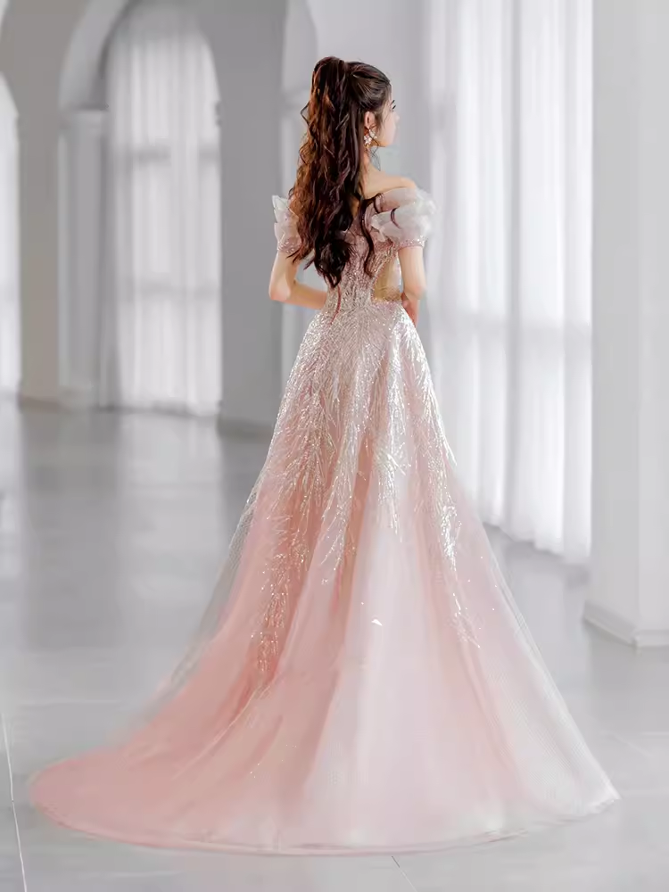 Fairytale A line Off The Shoulder Pink Sequin Long Evening Dress Prom Dresses