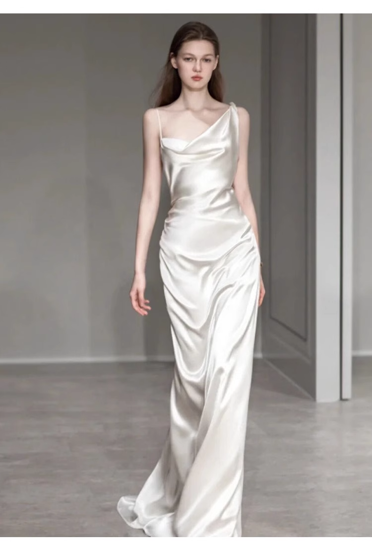 Vintage Sheath Irregular Neckline Satin White Wedding Dress