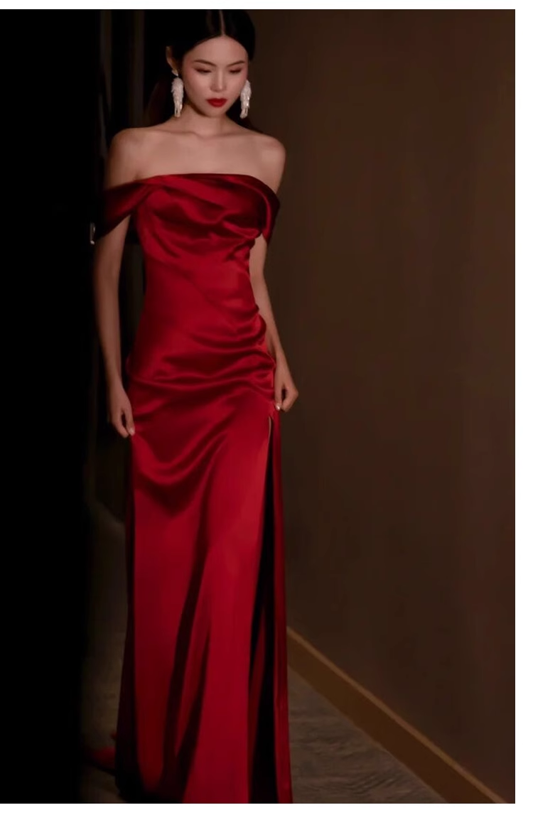 Pretty Sheath Off The Shoulder Satin Burgundy Slit Long Prom Dresses With Ruffles