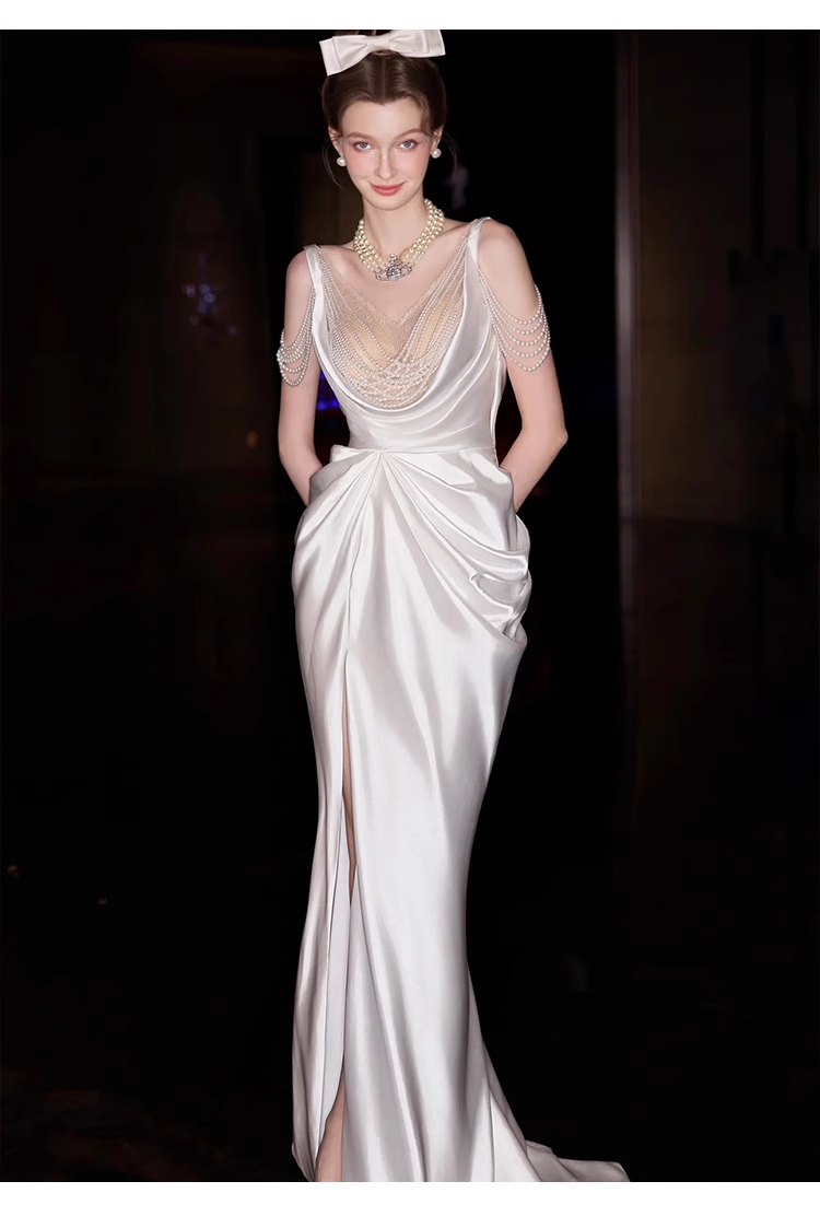 Sexy Mermaid Straps White Pearls Slit Long Wedding Dresses