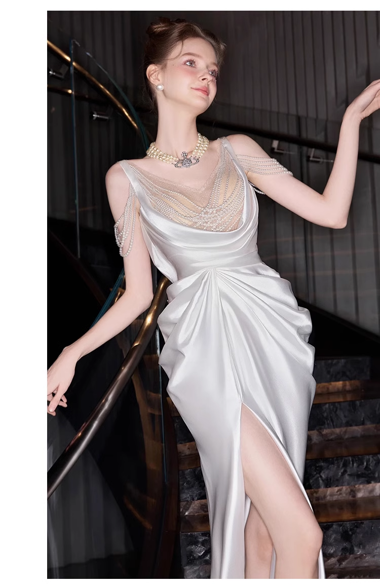 Sexy Mermaid Straps White Pearls Slit Long Wedding Dresses