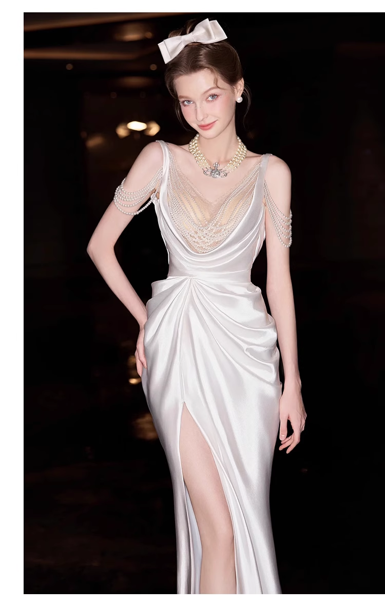 Sexy Mermaid Straps White Pearls Slit Long Wedding Dresses
